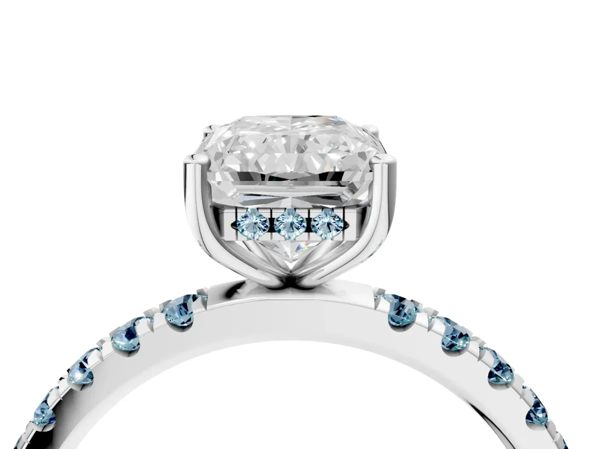 Radiant Cut Diamond Pave Band Solitaire Ring with Round Aquamarine and Prong Setting White gold
