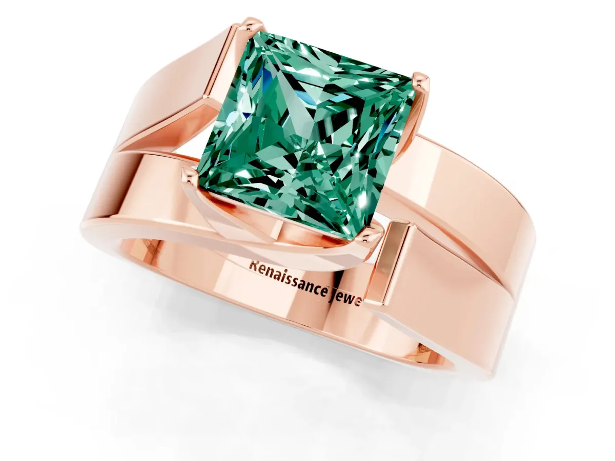 Modern Tension Set Princess Cut Green Sapphire Solitaire Wide Band Ring Rose gold
