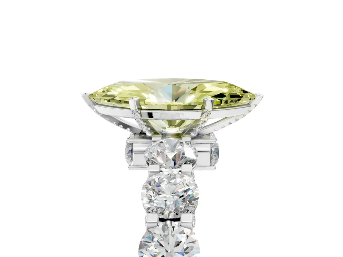 Fancy Yellow Marquise Cut Diamond Side Stone Engagement Ring with Four-Prong Setting Platinum