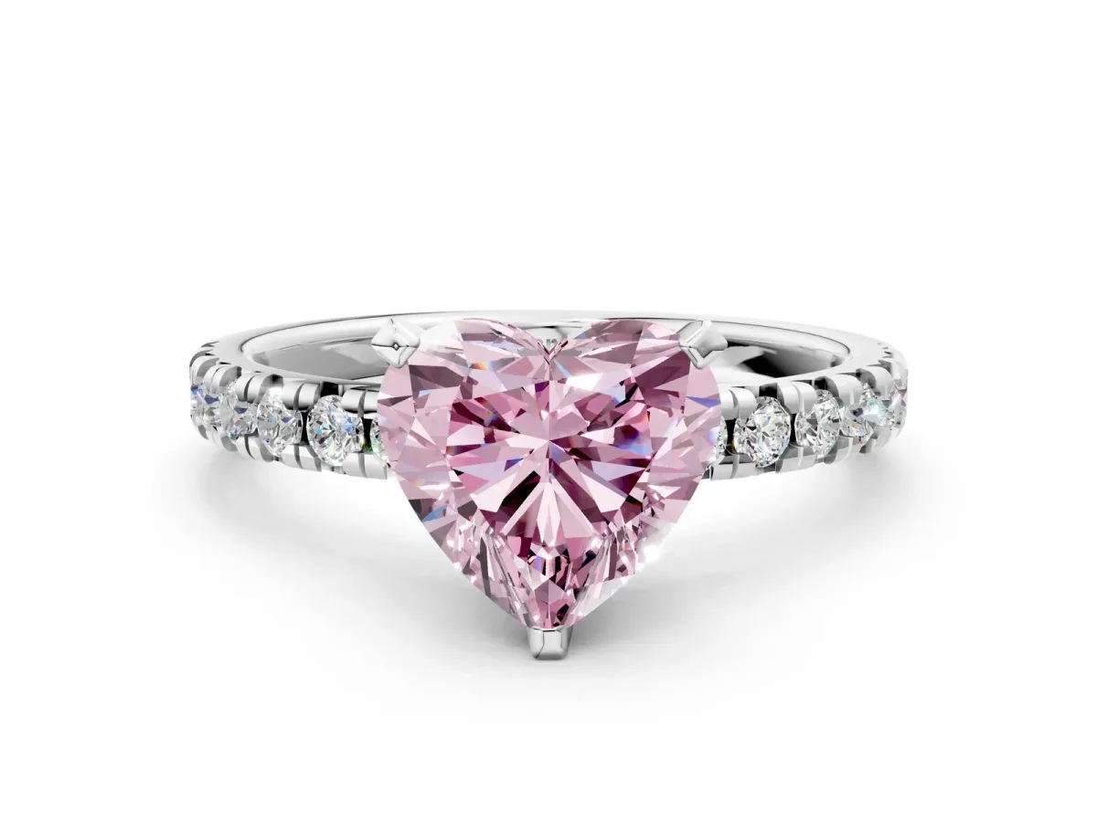 Fancy Pink Heart Cut Diamond Solitaire Pavé Engagement Ring with Round Band and Prong Setting White gold