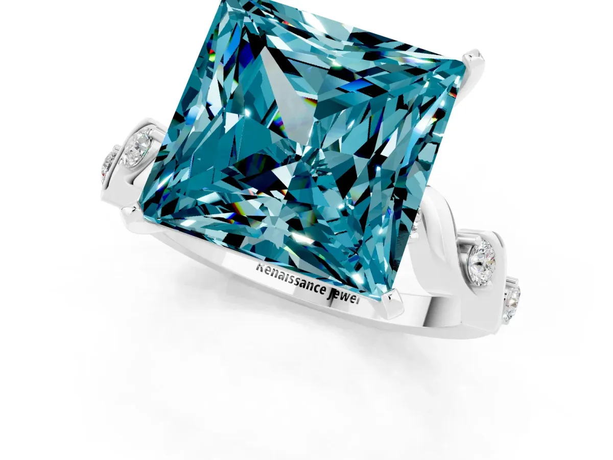 Princess Cut Blue Topaz Solitaire Twisted Band with Round Accents and Prong Setting White gold