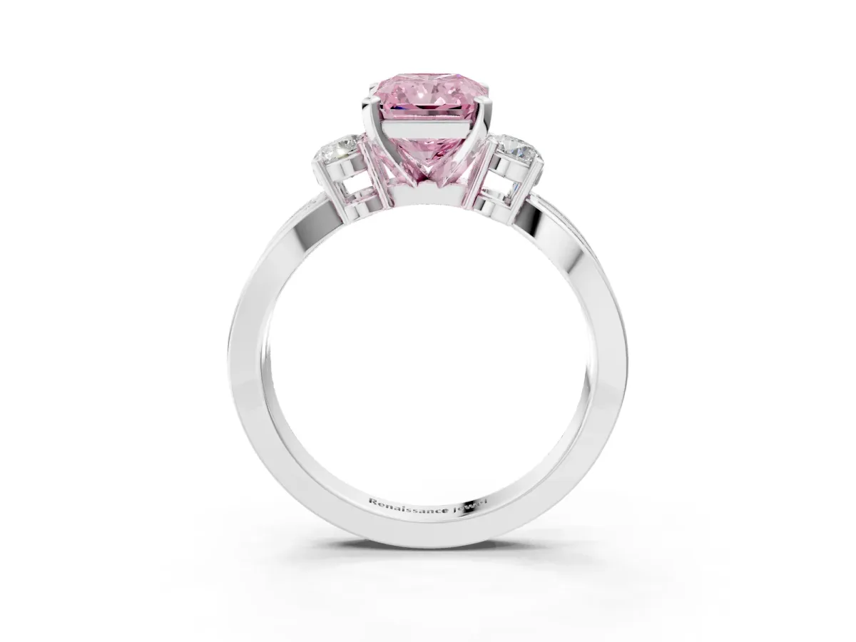 Fancy Pink Three-Stone Radiant Cut Cut Diamond Twist Band with Prong Setting Platinum