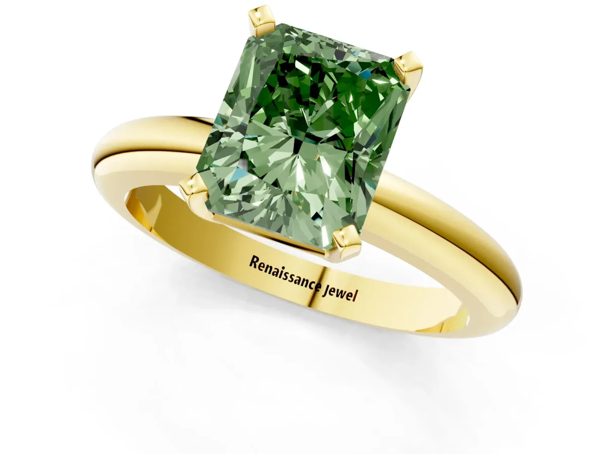 Fancy Green Radiant Cut Diamond Solitaire Engagement Ring with Round Band and Four-Prong Setting Yellow gold