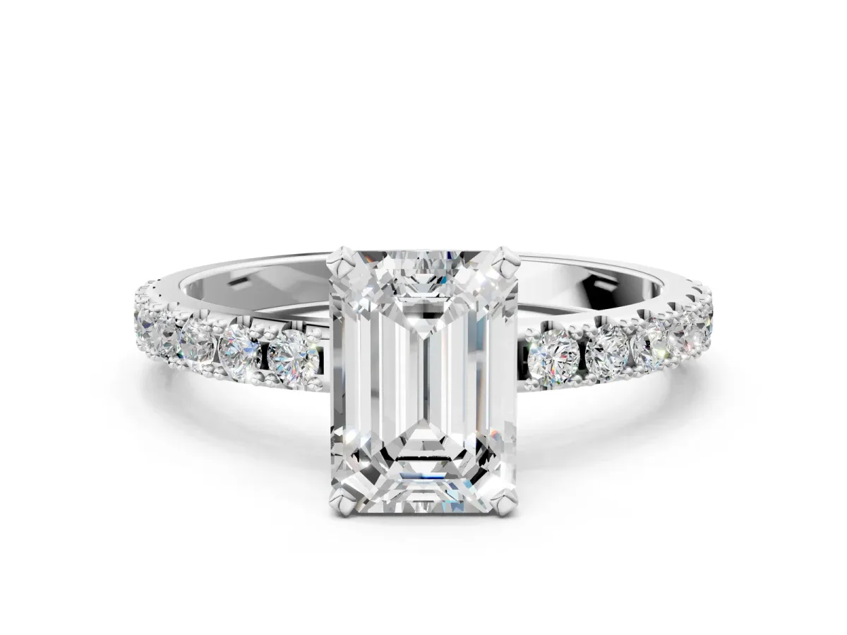 Emerald Cut Diamond Solitaire Pavé Band with Four-Prong Setting White gold