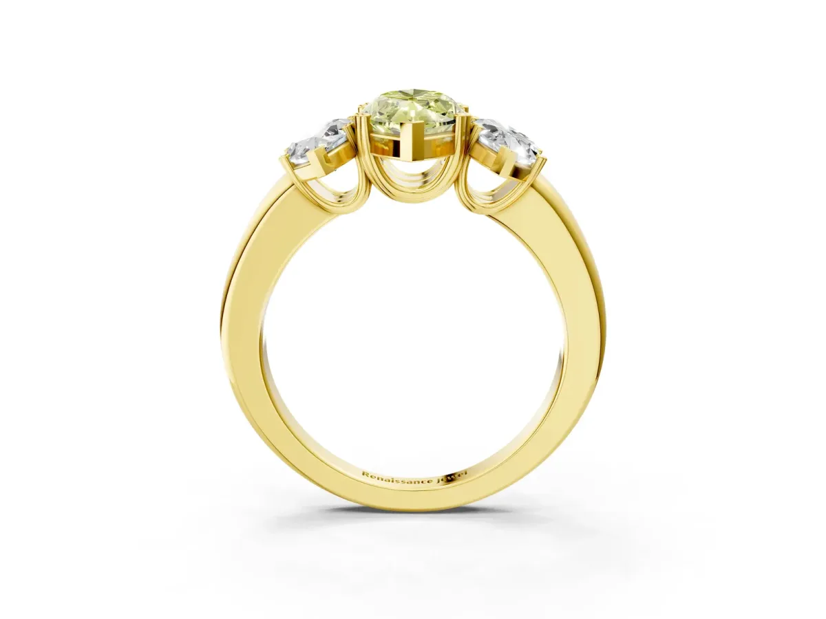 Fancy Yellow Three-Stone Marquise Cut Cut Diamond Ring with Channel Set Band and Four-Prong Setting Yellow gold