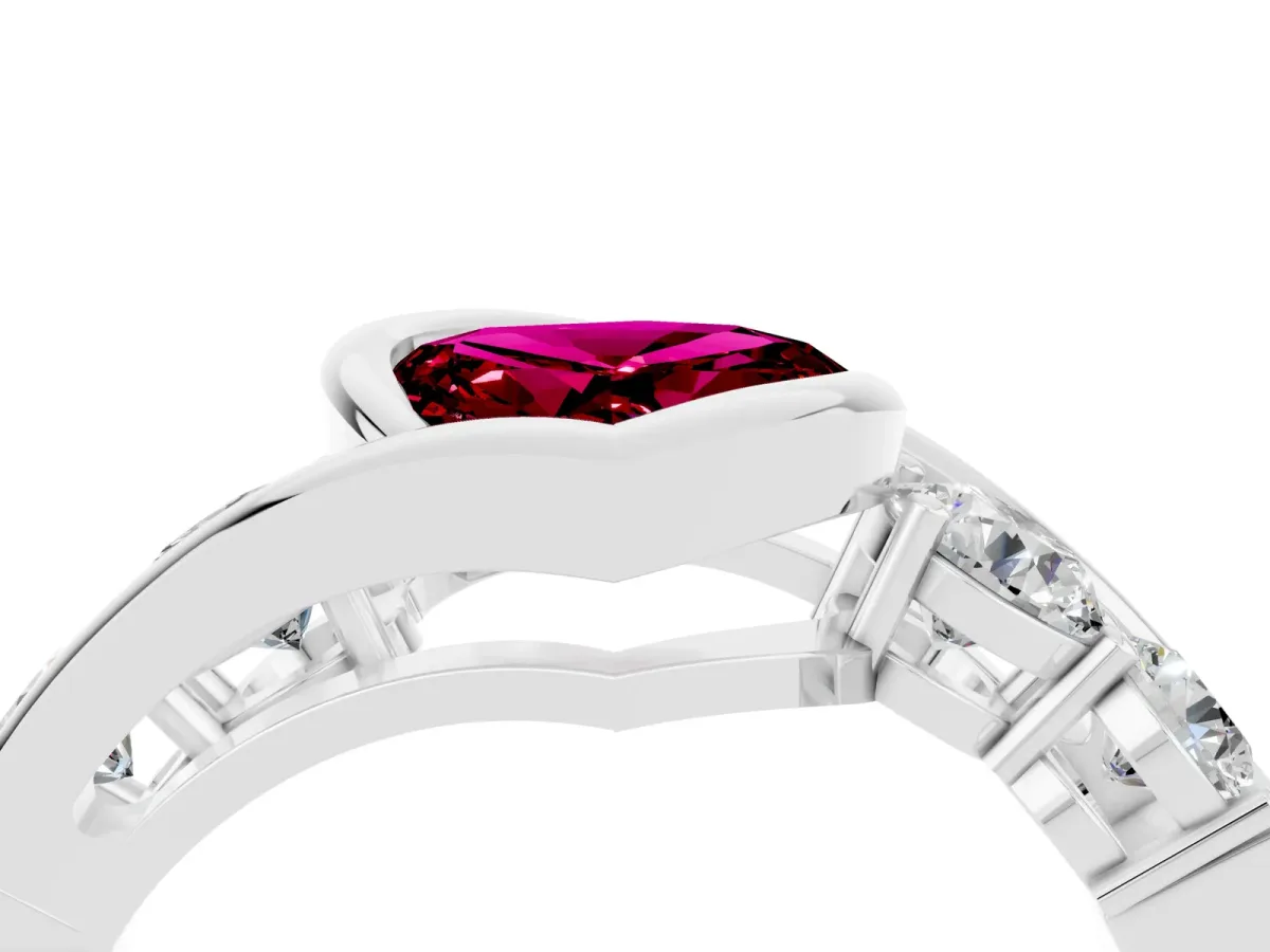Bezel Set Heart Cut Garnet Bypass Ring with Round Accents Silver