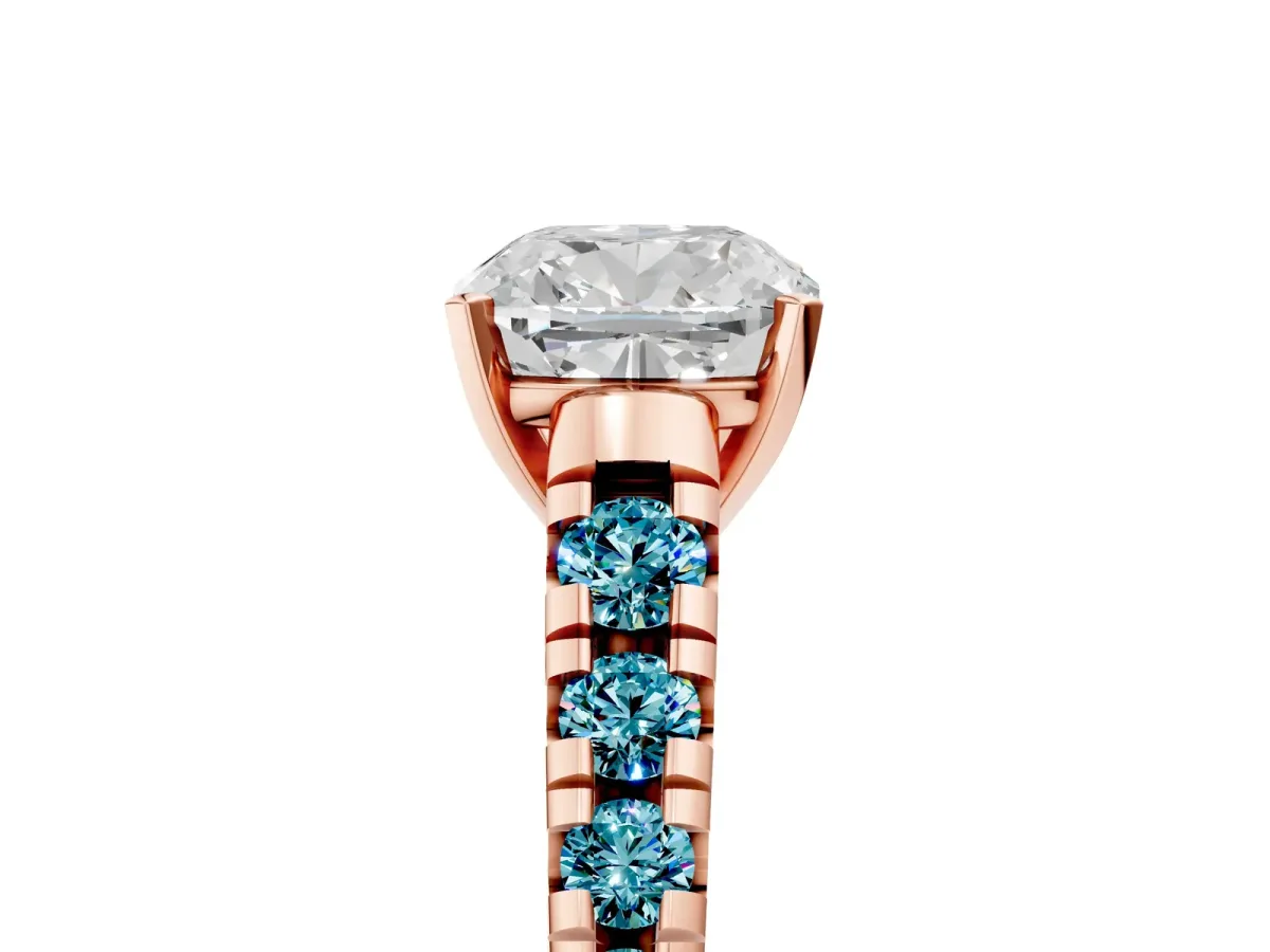 Cushion Cut Diamond Cathedral Solitaire Ring with Round Blue Topaz Pavé Band Rose gold