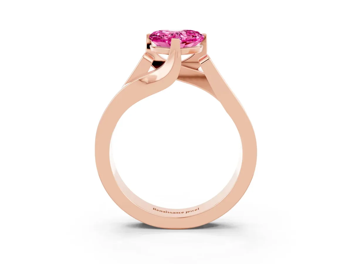 Modern Tension Set Heart Cut Pink Sapphire Solitaire Wide Band Ring Rose gold