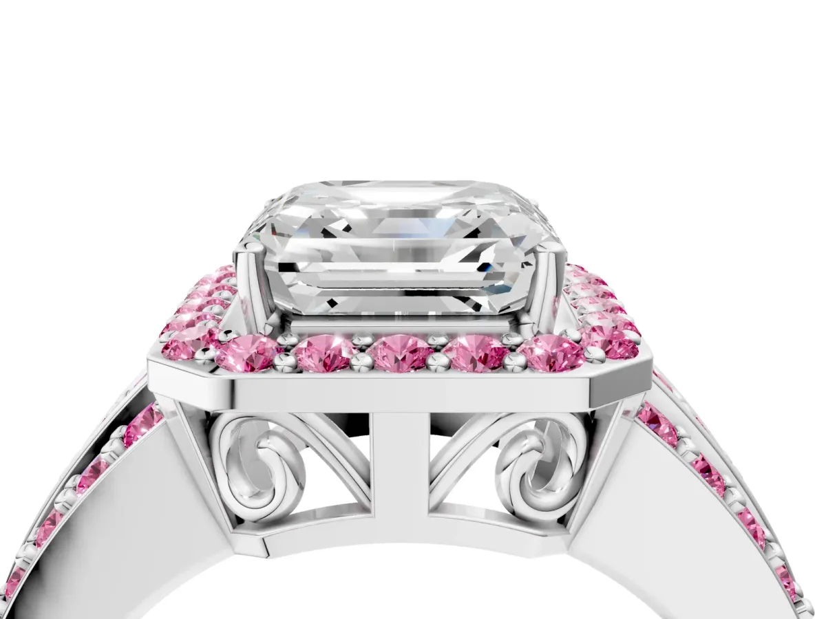 Asscher Cut Halo Diamond Ring with Round Pink Sapphire Split Shank and Prong Setting Silver