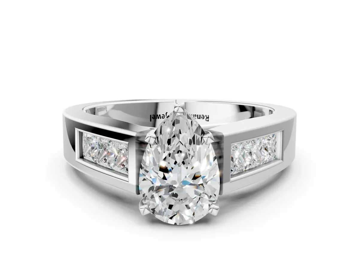 Pear Cut Cut Channel Set Solitaire Ring with Four-Prong Setting White gold