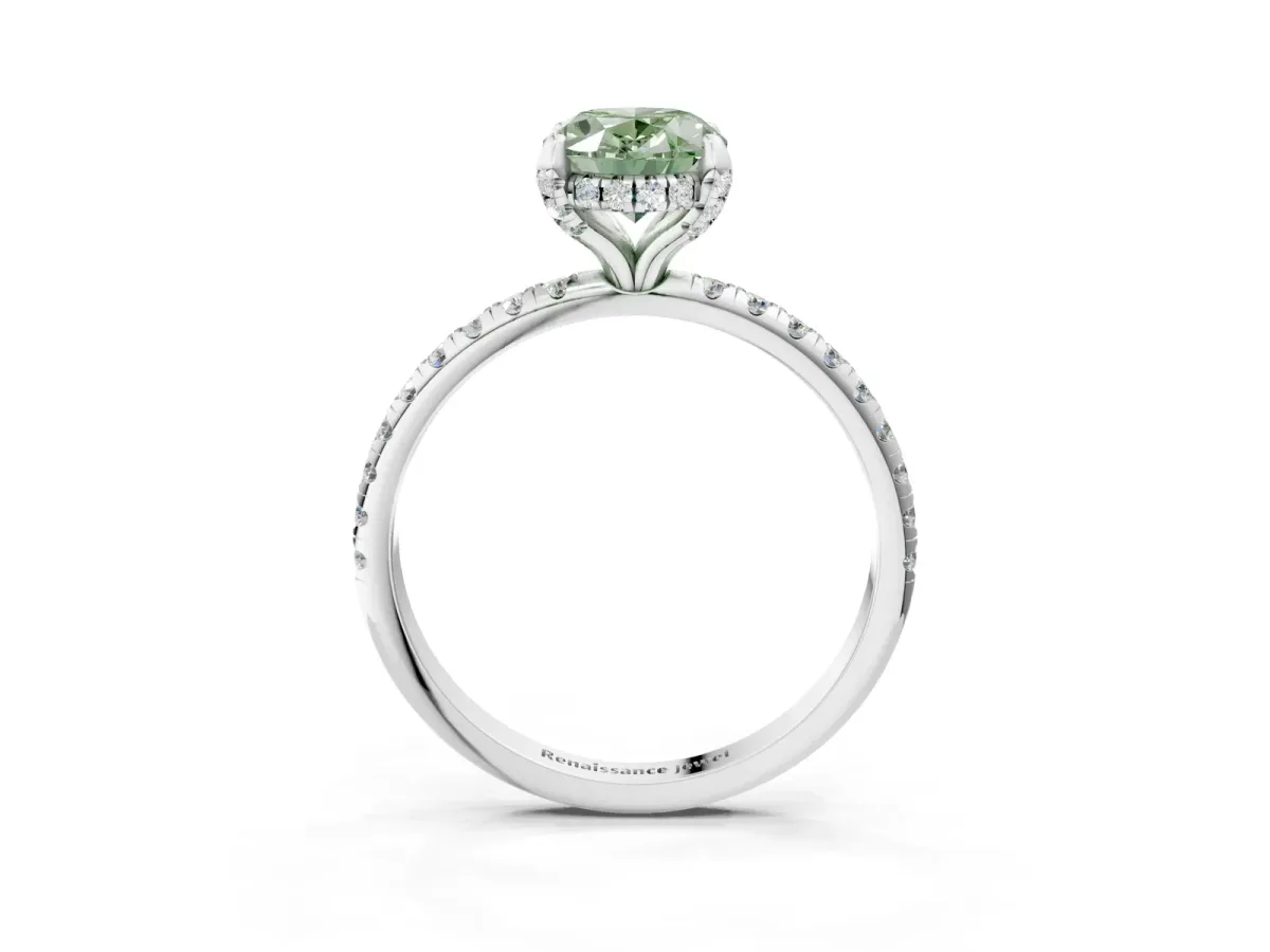 Fancy Green Oval Cut Diamond Hidden Halo Engagement Ring with Round Pavé Band and Prong Setting Silver