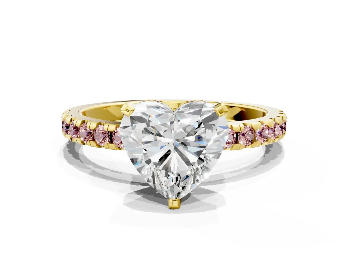Heart Cut Diamond Solitaire Ring with Round Morganite Pavé Band and Four-Prong Setting Yellow gold