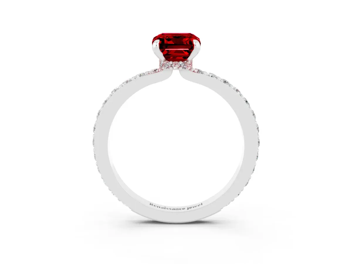 Emerald Cut Ruby Solitaire Engagement Ring with Pavé Band and Four-Prong Setting White gold