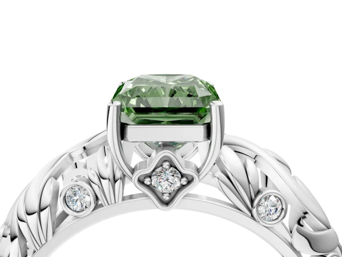 Fancy Green Radiant Cut Solitaire Diamond Leaf-Inspired Vine Band Ring with Prong Setting Platinum