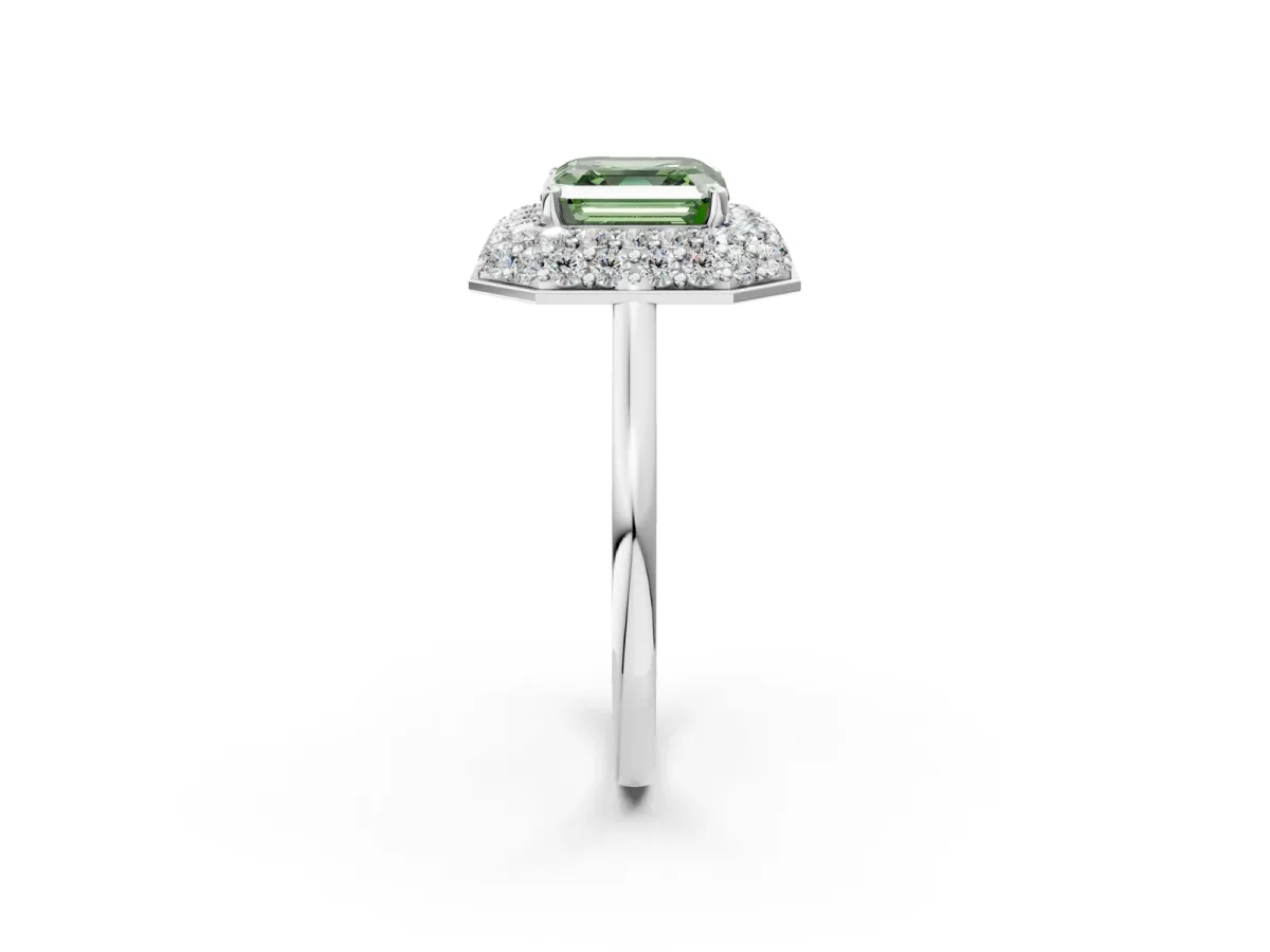 Fancy Green Asscher Cut Halo Diamond Engagement Ring with Solitaire Band and Four-Prong Setting Platinum