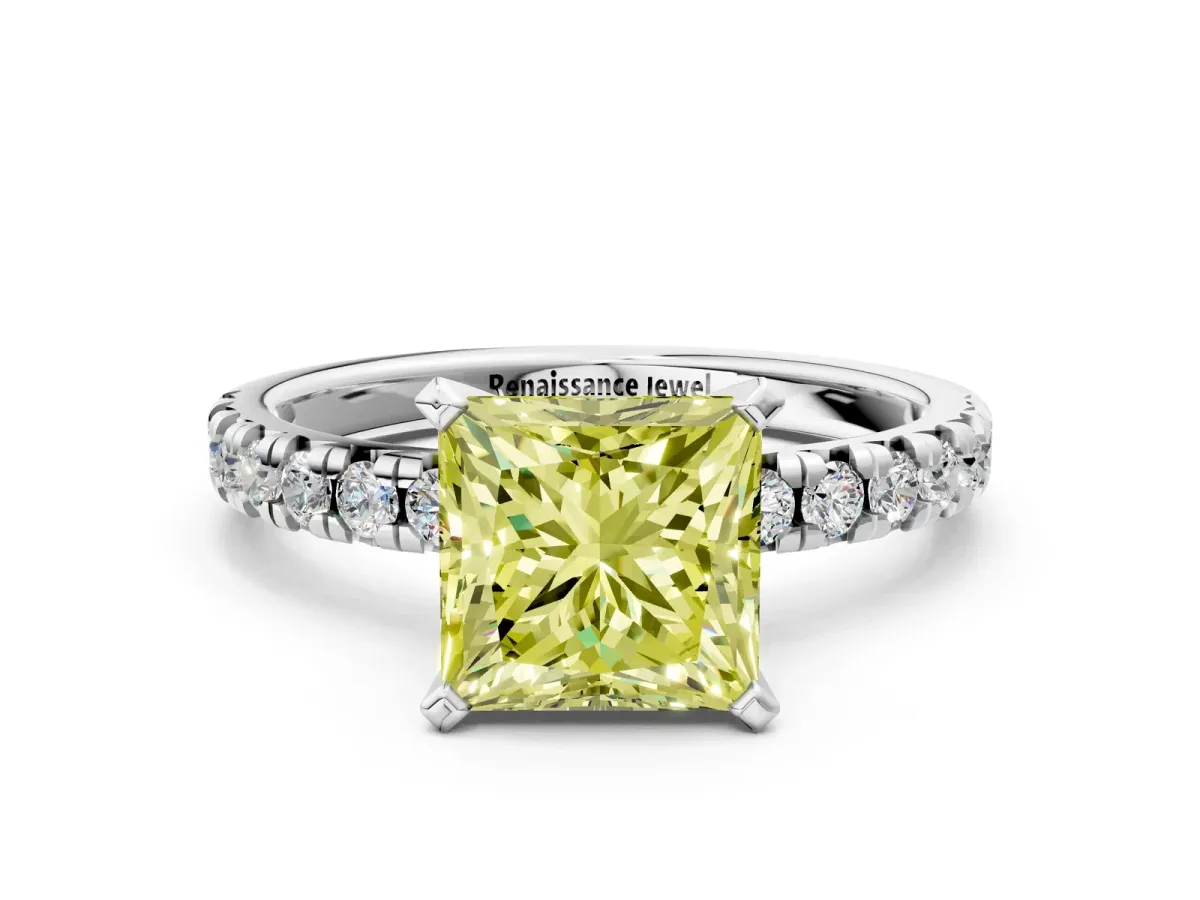 Fancy Yellow Princess Cut Diamond Solitaire Pavé Engagement Ring with Round Band and Prong Setting White gold