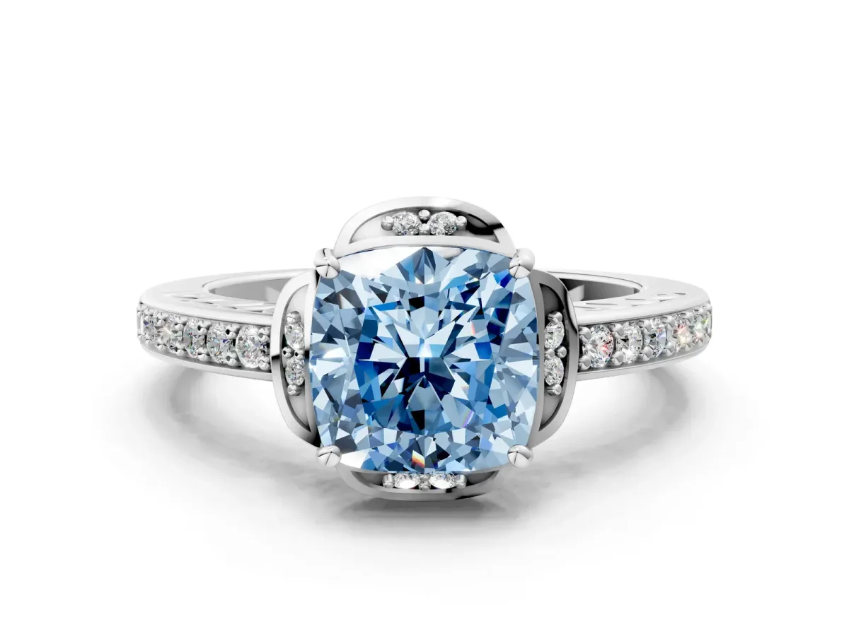 Fancy Blue Cushion Cut Cut Halo Diamond Ring with Channel Set Band and Four-Prong Setting White gold
