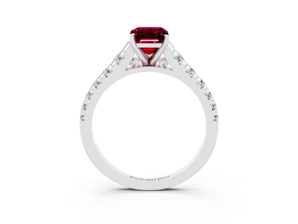 Emerald Cut Garnet Cathedral Solitaire Ring with Round Pavé Band White gold