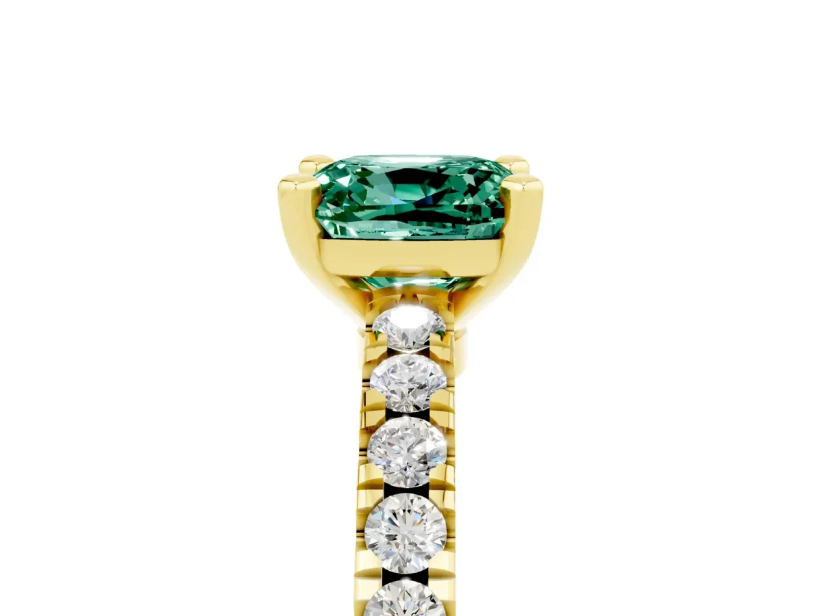 Cushion Cut Solitaire Green Sapphire with Pavé Band and Four-Prong Setting Yellow gold