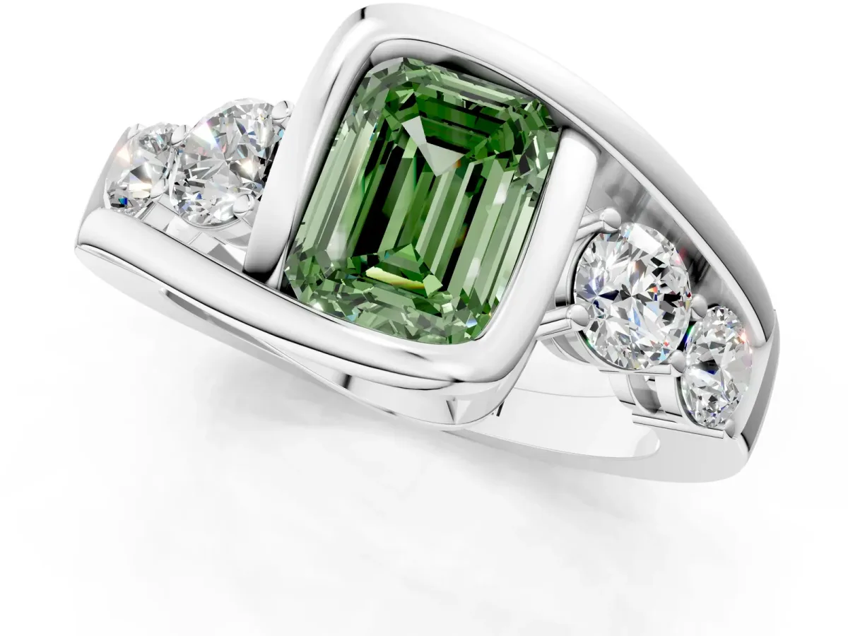Fancy Green Bezel Set Emerald Cut Diamond Bypass Ring with Round Accents Silver