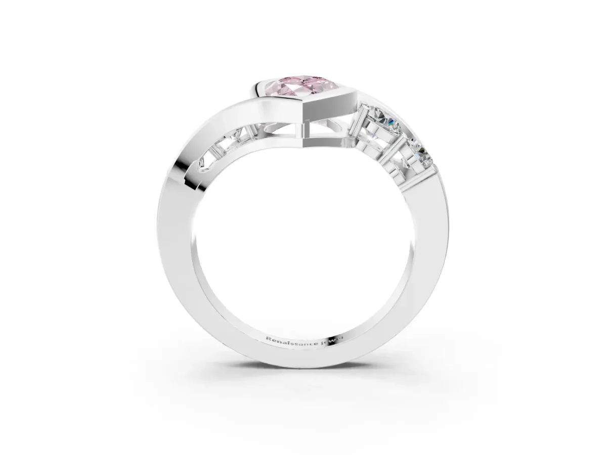 Fancy Pink Bezel Set Marquise Cut Diamond Bypass Ring with Round Accents Platinum