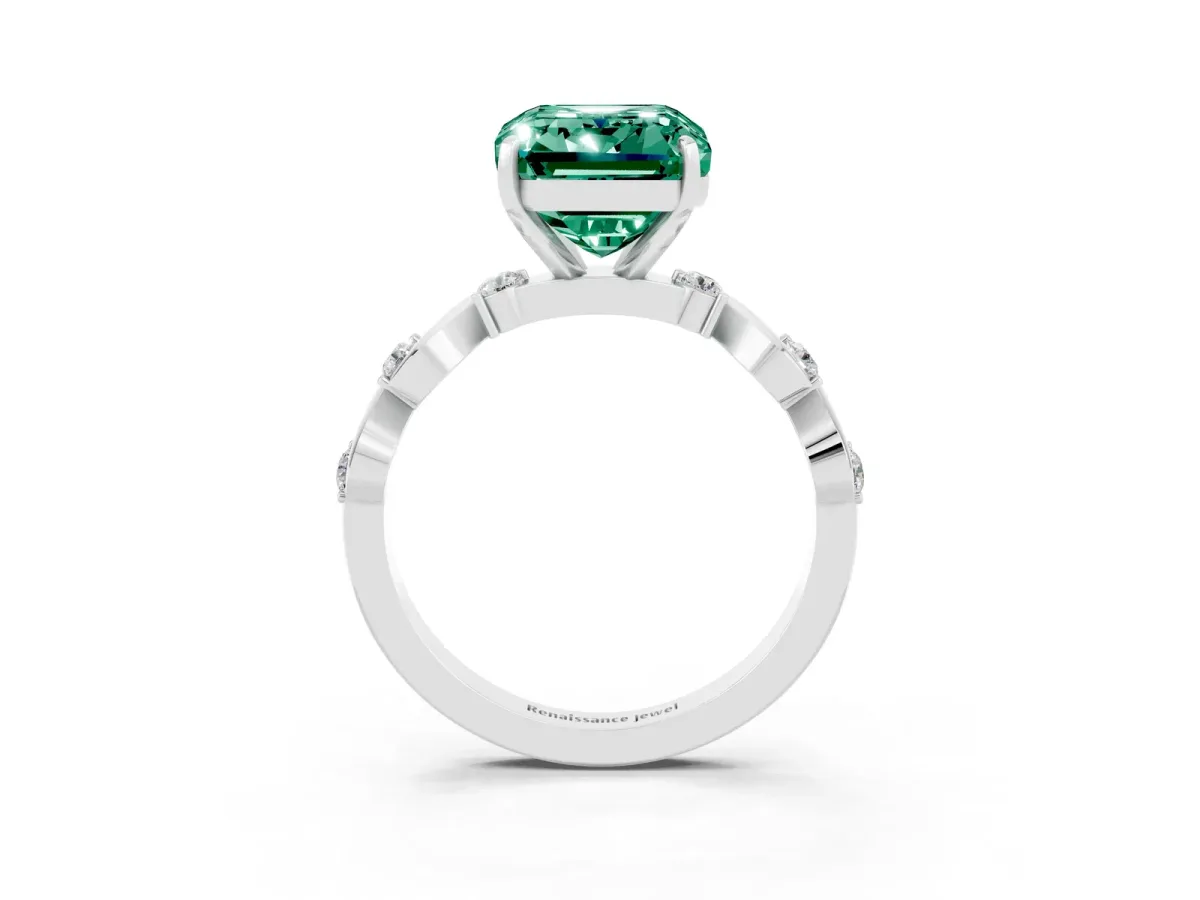 Emerald Cut Green Sapphire Solitaire Twisted Band with Round Accents and Prong Setting White gold