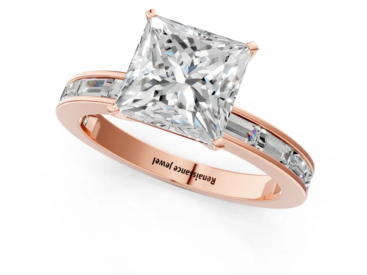 Princess Cut Solitaire Diamond Ring with Channel-Set Baguette Band and Four-Prong Setting Rose gold