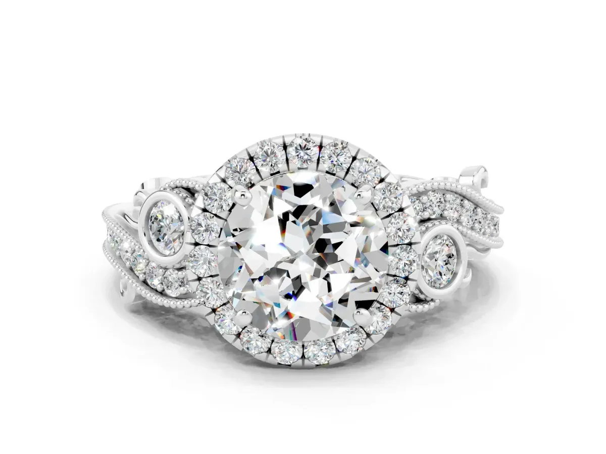 Round Cut Moissanite Halo Ring with Milgrain Pavé Band and Four-Prong Setting Platinum