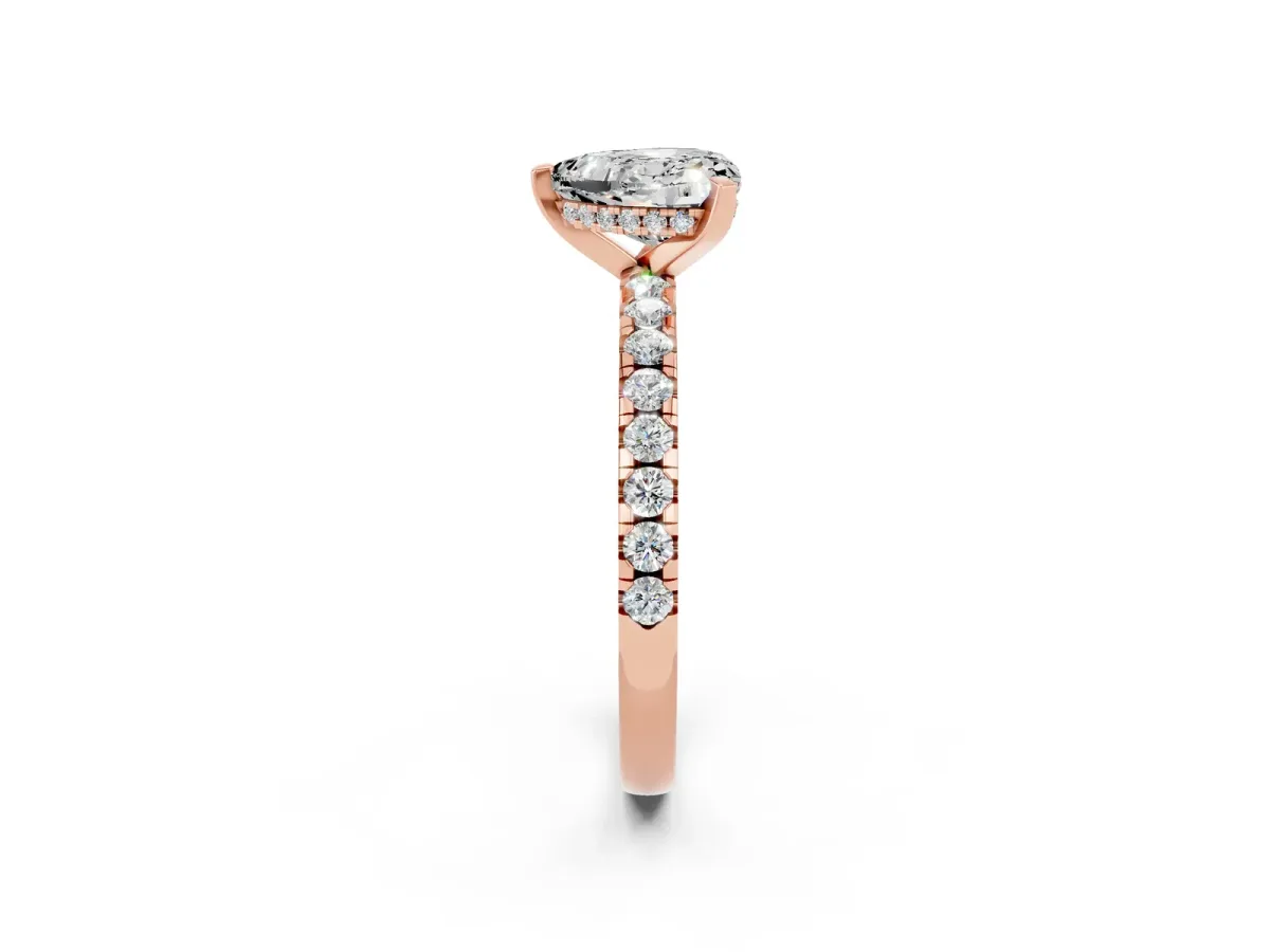Heart Cut Moissanite Solitaire Ring with Round Pavé Band and Four-Prong Setting Rose gold