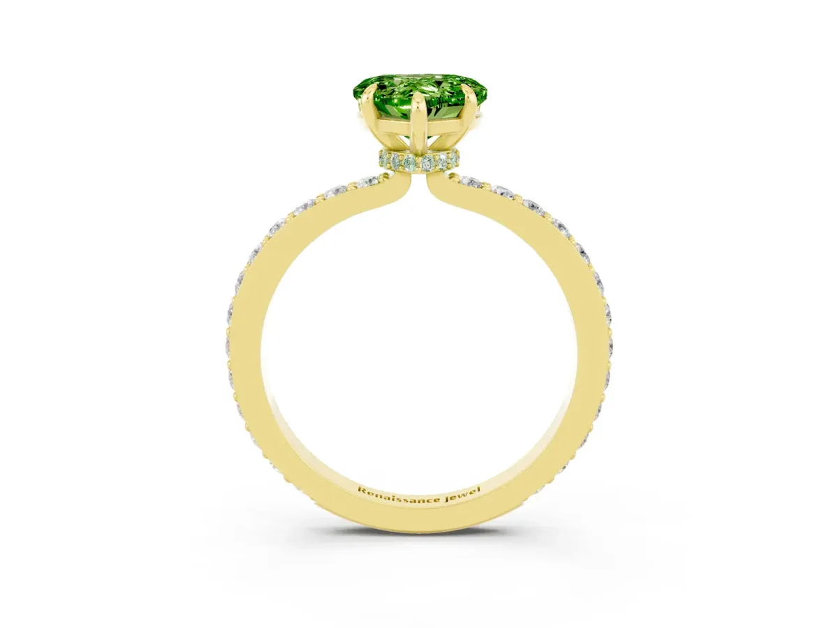 Heart Cut Peridot Solitaire Engagement Ring with Pavé Band and Four-Prong Setting Yellow gold