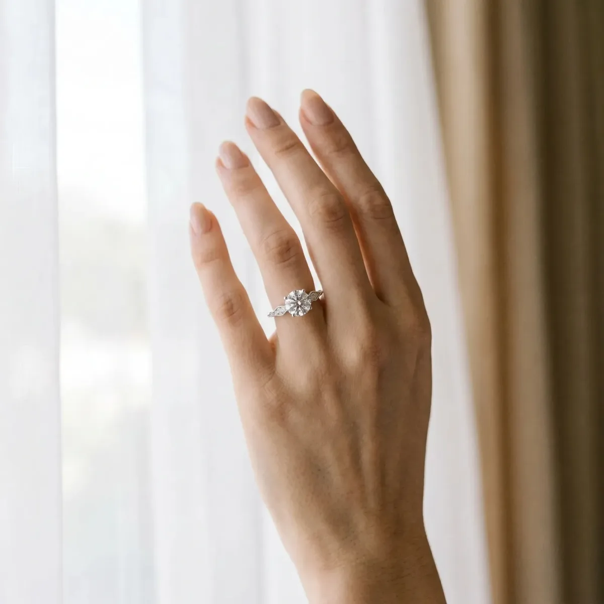Round Cut Solitaire Diamond Ring with Milgrain Band and Four-Prong Setting Silver
