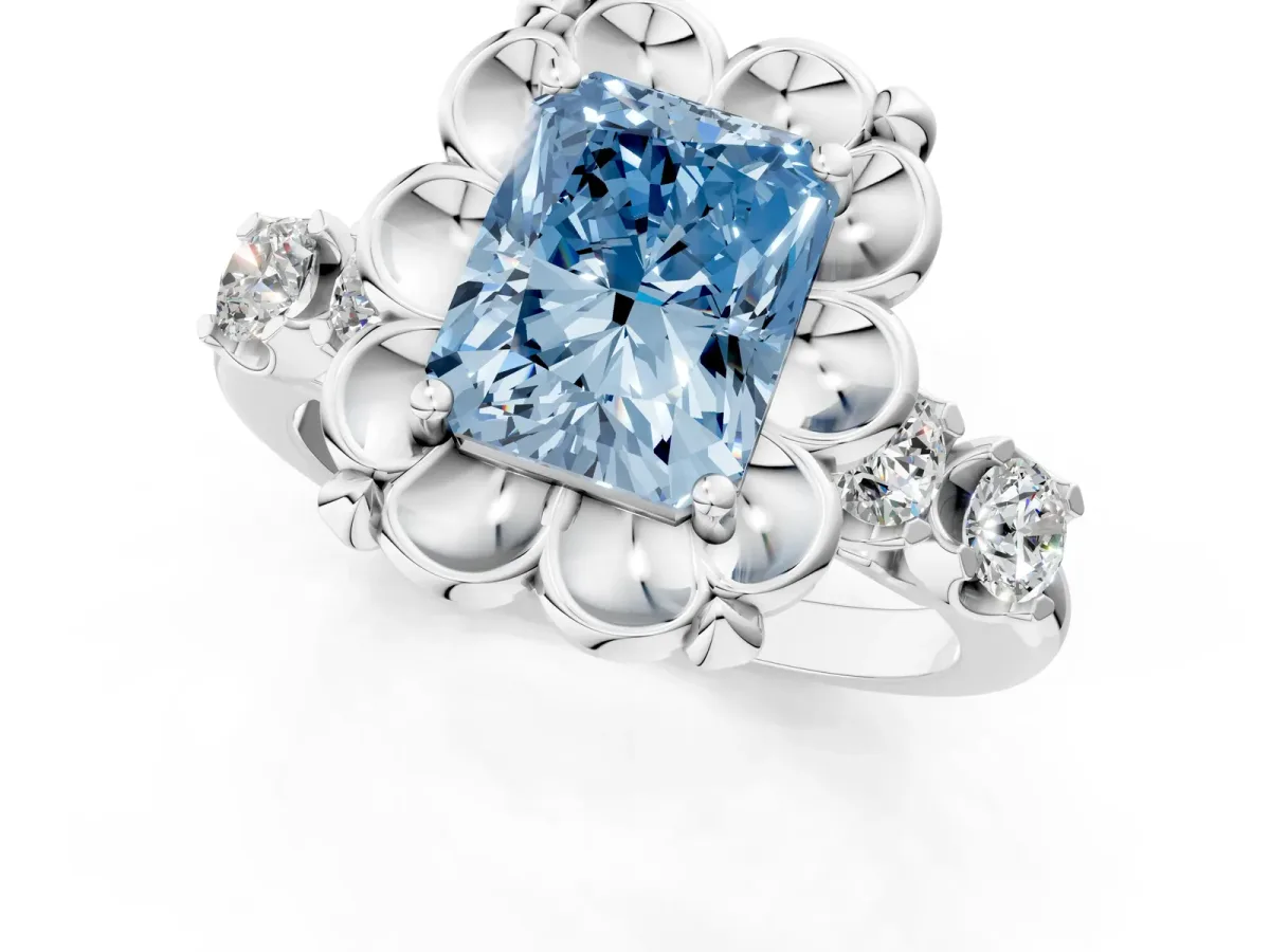 Fancy Blue Radiant Cut Cut Diamond Floral Halo Engagement Ring with Shared Prong Setting Silver