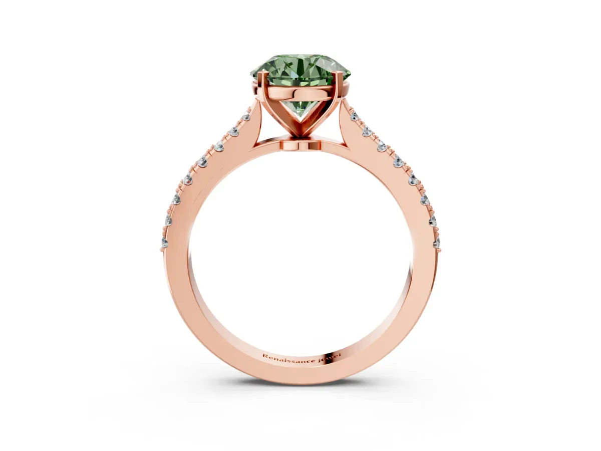 Fancy Green Round Cut Cut Solitaire Diamond Engagement Ring with Pave Band and Four-Prong Setting Rose gold