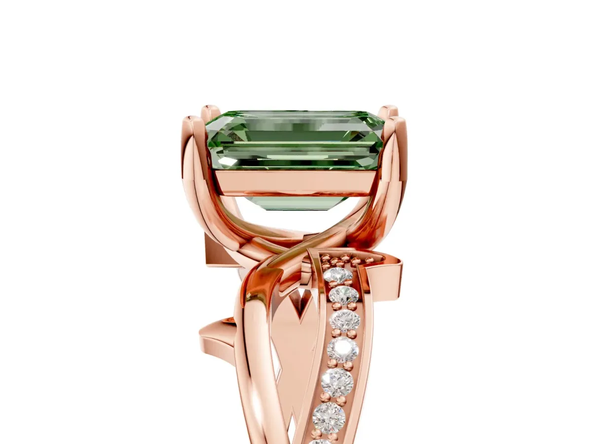 Fancy Green Emerald Cut Solitaire Twist Band with Pavé Accents and Four-Prong Setting Rose gold