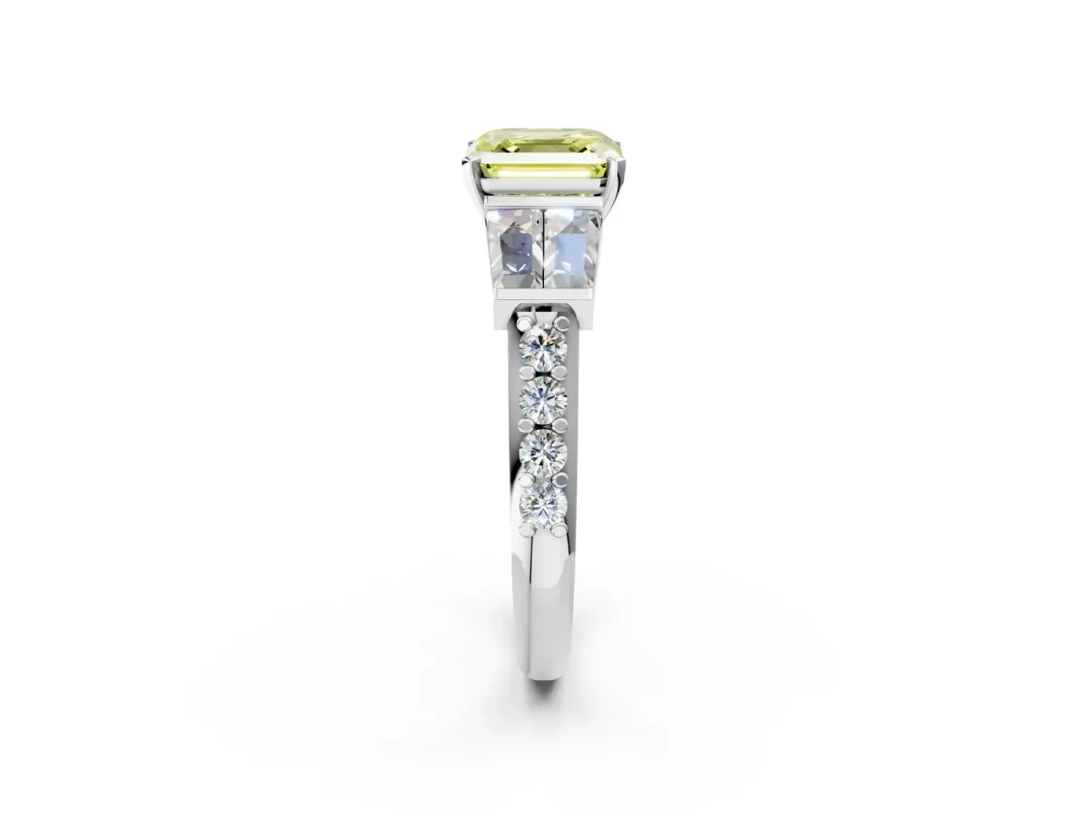 Fancy Yellow Asscher Cut Diamond Engagement Ring with Baguette Side Stones and Channel Set Band Platinum