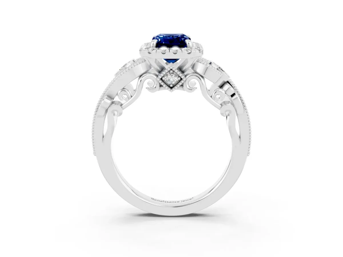 Emerald Cut Blue Sapphire Halo Ring with Milgrain Pavé Band and Four-Prong Setting White gold
