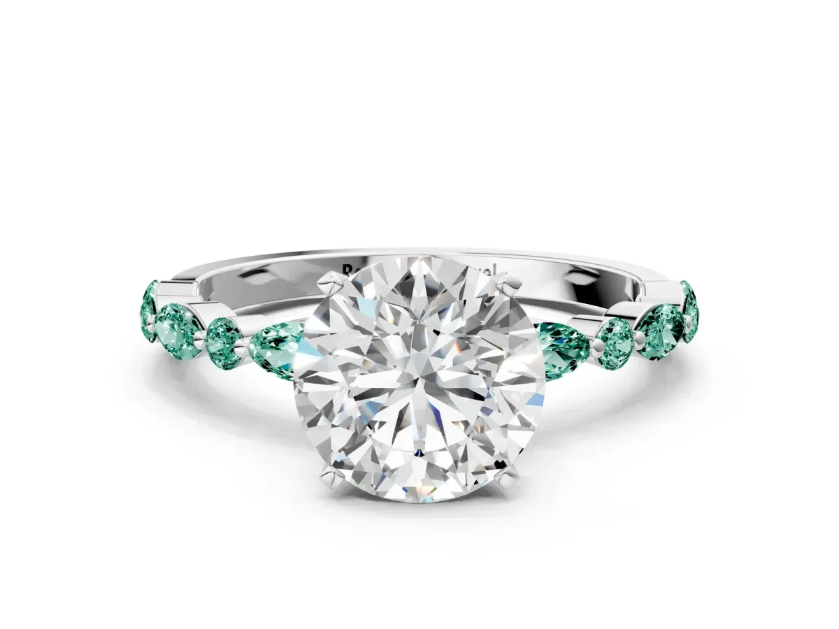 Round Cut Diamond Ring with Marquise and Round Green Sapphire Side Stones and Four-Prong Setting Platinum