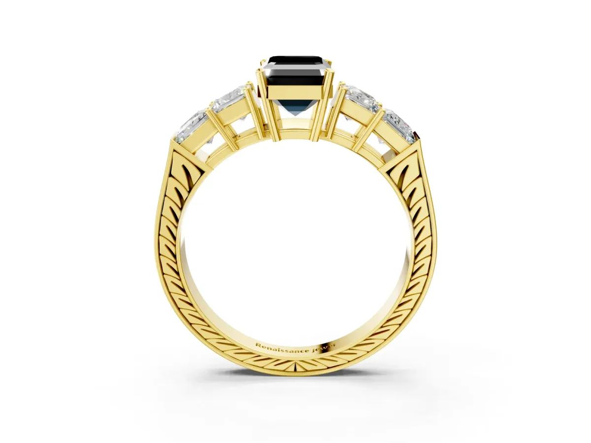 Fancy Black Emerald Cut Solitaire Princess Side Stone Engraved Band Prong Setting Ring Yellow gold