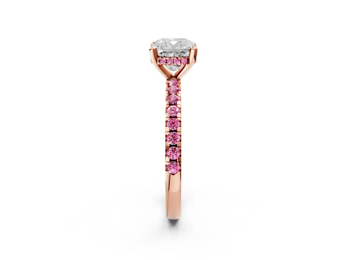 Cushion Cut Diamond Solitaire Ring with Round Pink Sapphire Pavé Band and Four-Prong Setting Rose gold