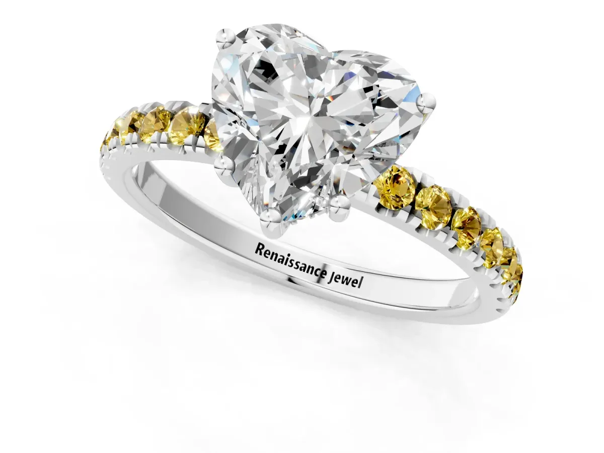Heart Cut Diamond Pave Band Solitaire Ring with Round Yellow Sapphire and Prong Setting White gold