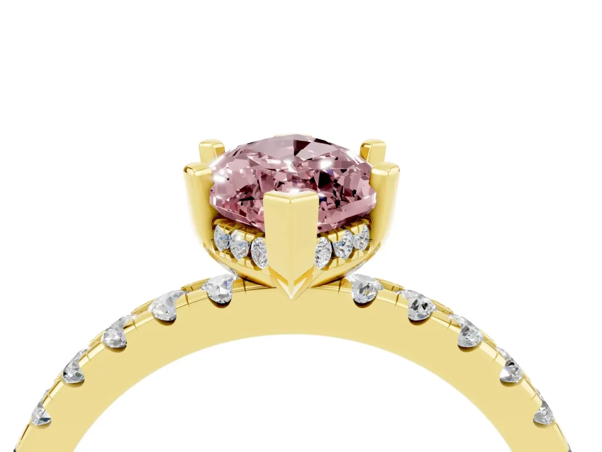 Marquise Cut Morganite Solitaire Ring with Round Pavé Band and Four-Prong Setting Yellow gold