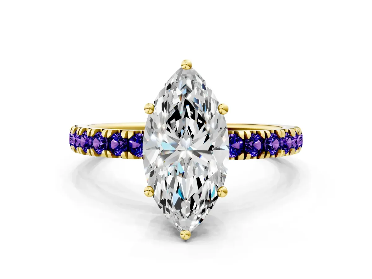 Marquise Cut Diamond Pave Band Solitaire Ring with Round Tanzanite and Prong Setting Yellow gold