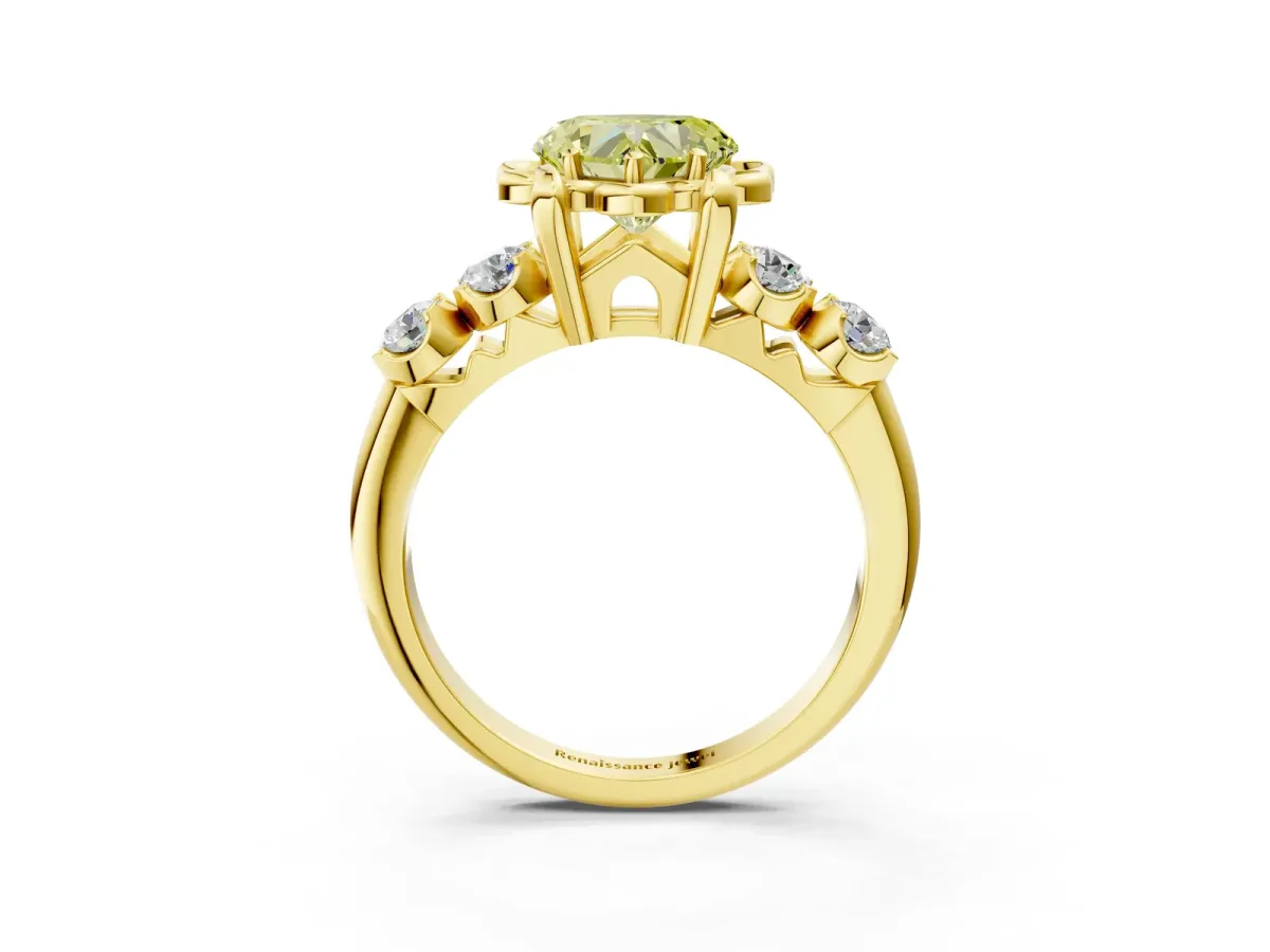 Fancy Yellow Heart Cut Cut Diamond Floral Halo Engagement Ring with Shared Prong Setting Yellow gold