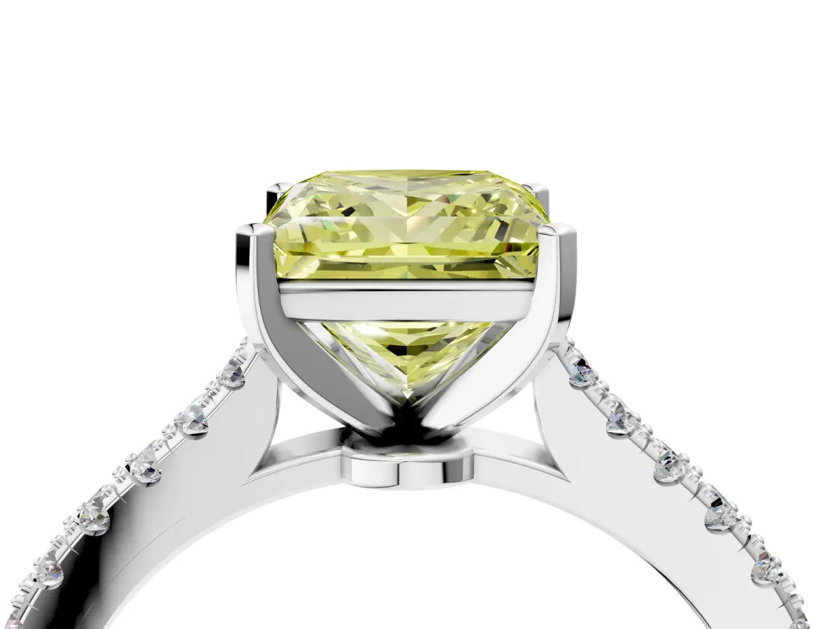 Fancy Yellow Princess Cut Cut Solitaire Diamond Engagement Ring with Pave Band and Four-Prong Setting White gold