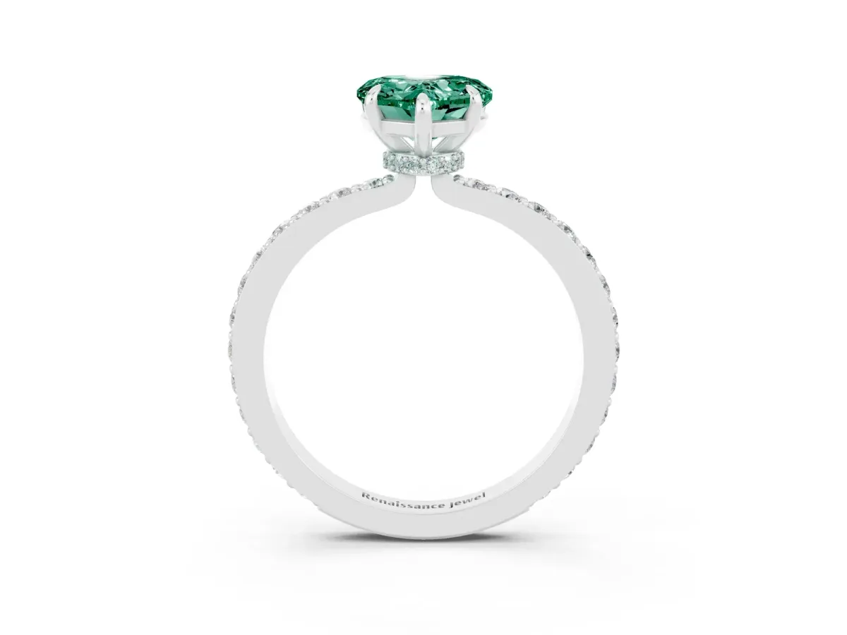 Heart Cut Green Sapphire Solitaire Engagement Ring with Pavé Band and Four-Prong Setting White gold