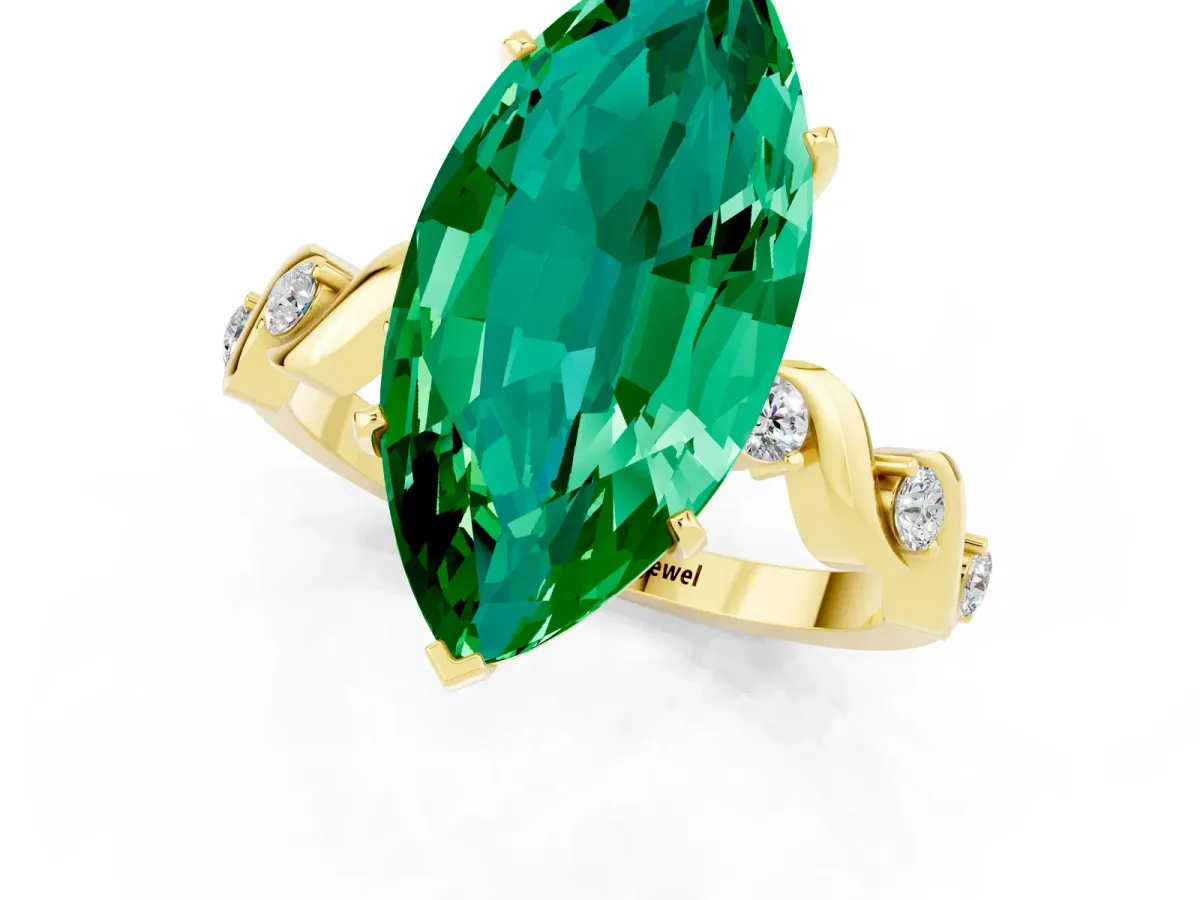 Marquise Cut Emerald Solitaire Twisted Band with Round Accents and Prong Setting Yellow gold