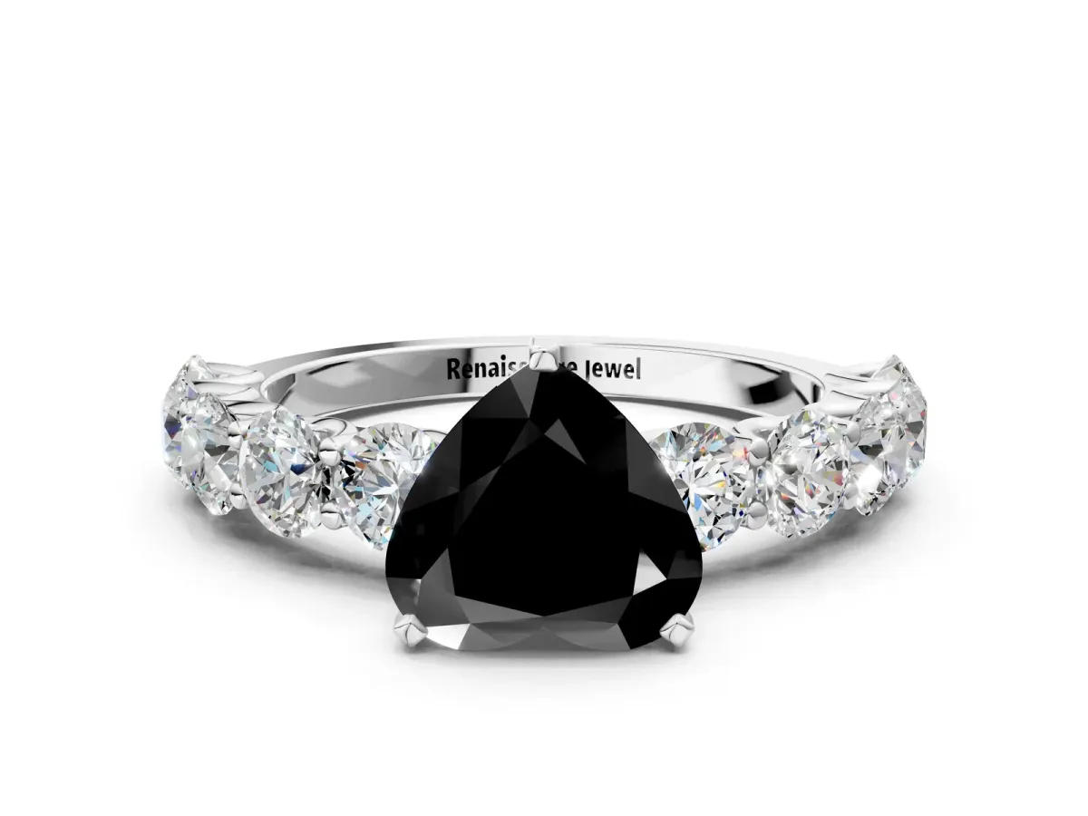 Fancy Black Heart Cut Diamond Prong Setting with Side Stones on a Pave Band Silver