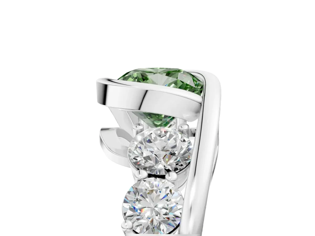 Fancy Green Bezel Set Cushion Cut Diamond Bypass Ring with Round Accents Silver