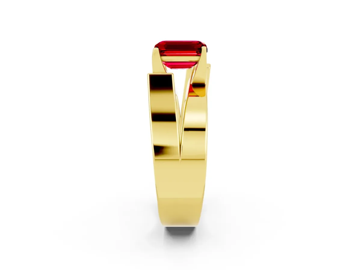 Modern Tension Set Emerald Cut Ruby Solitaire Wide Band Ring Yellow gold