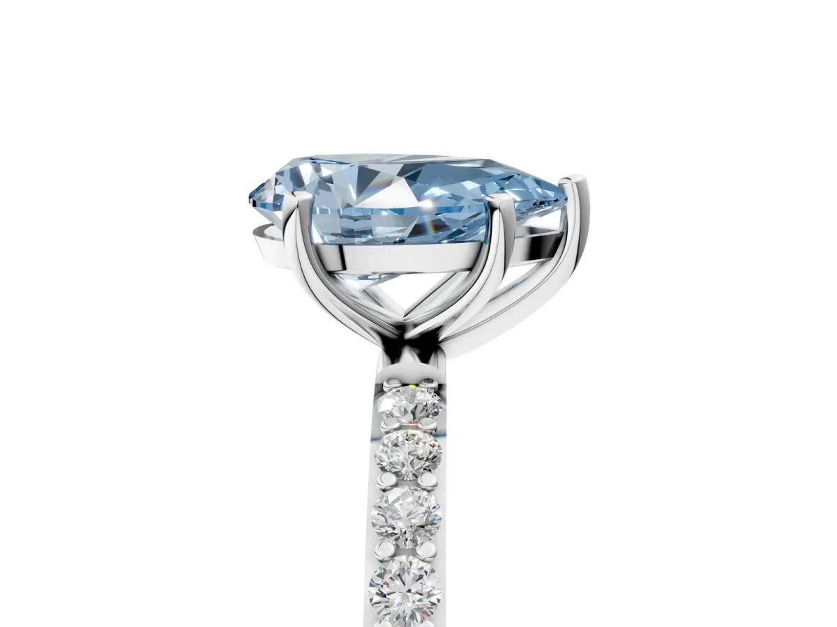 Fancy Blue Pear Cut Diamond Solitaire Ring with Round Pavé Shoulders and Prong Setting White gold